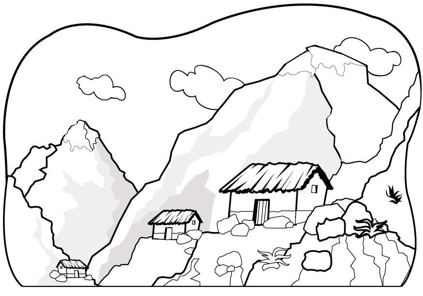 Coloriage d'une scène montagneuse avec des sapins et un ciel nuageux