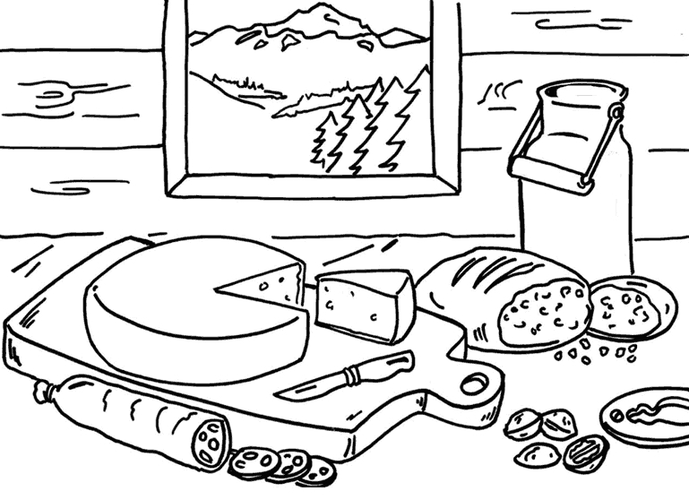 Coloriage d'une scène de montagne avec des arbres et un ciel nuageux