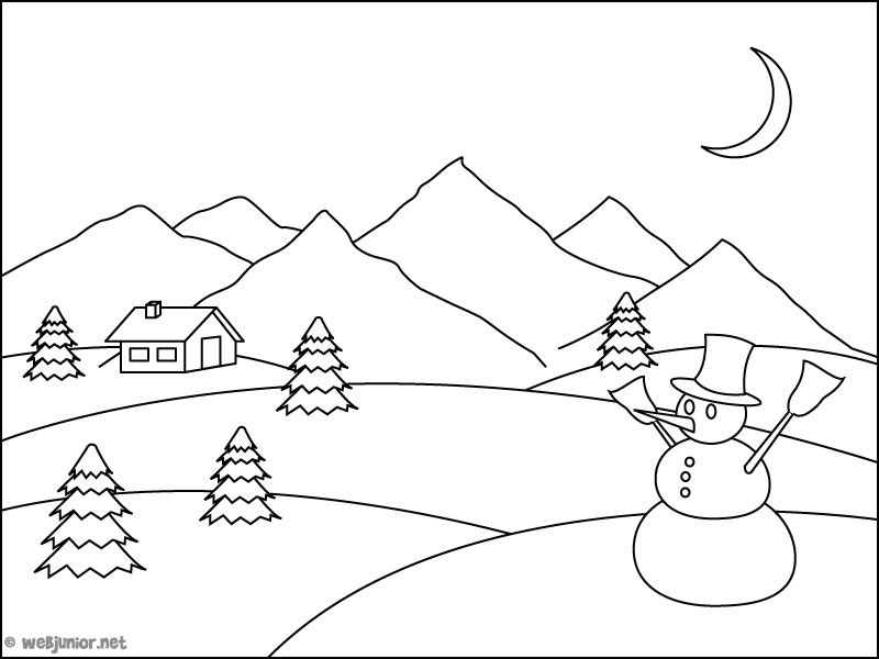 Coloriage de montagnes avec un ciel ouvert et des arbres en premier plan