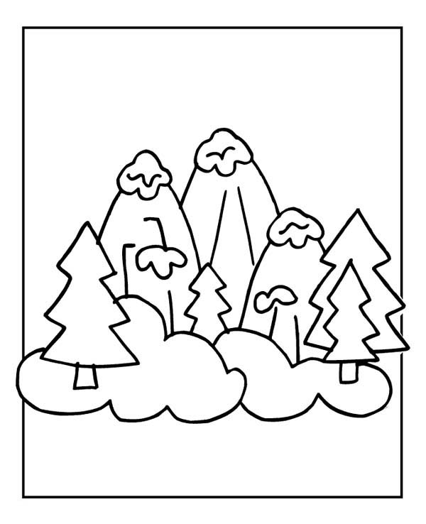 Coloriage d'une montagne avec un ciel nuageux et un paysage naturel