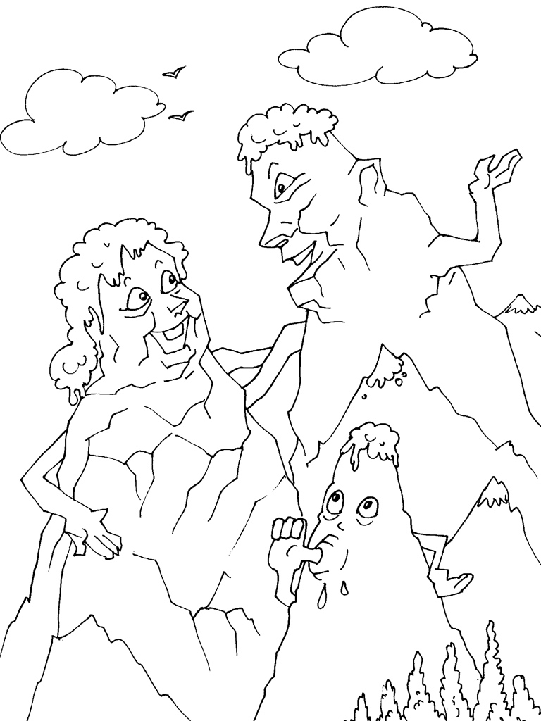 Coloriage d'une montagne avec des arbres et un ciel nuageux