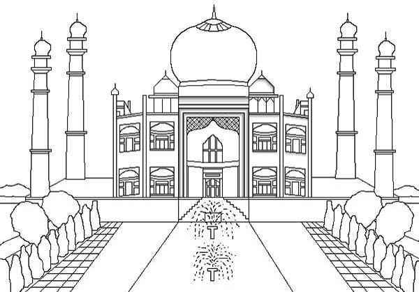 Coloriage d'une mosquée majestueuse sous un ciel dégagé