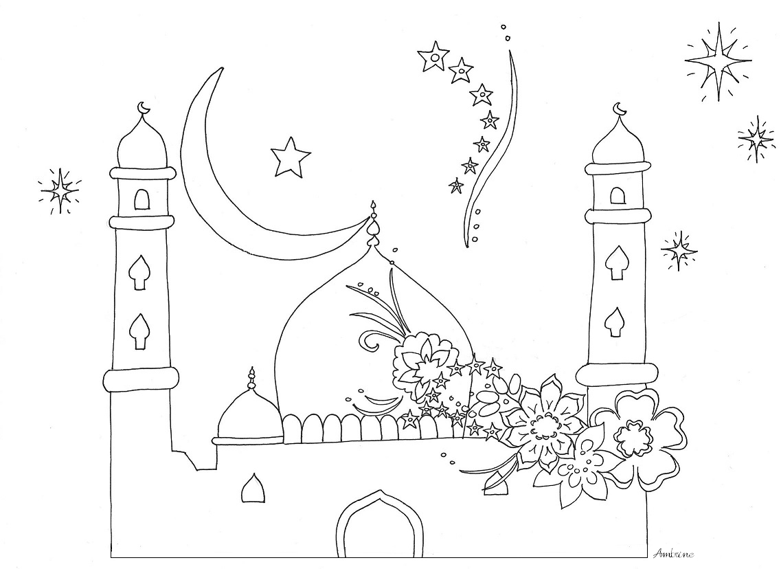 Coloriage d'une mosquée majestueuse avec ses détails architecturaux