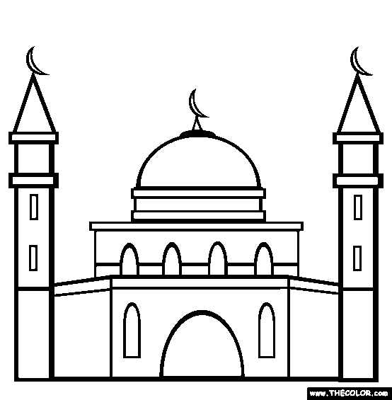 Coloriage d'une mosquée majestueuse sous un ciel paisible