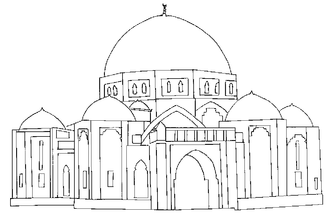 Coloriage d'une mosquée avec un minaret et des arches