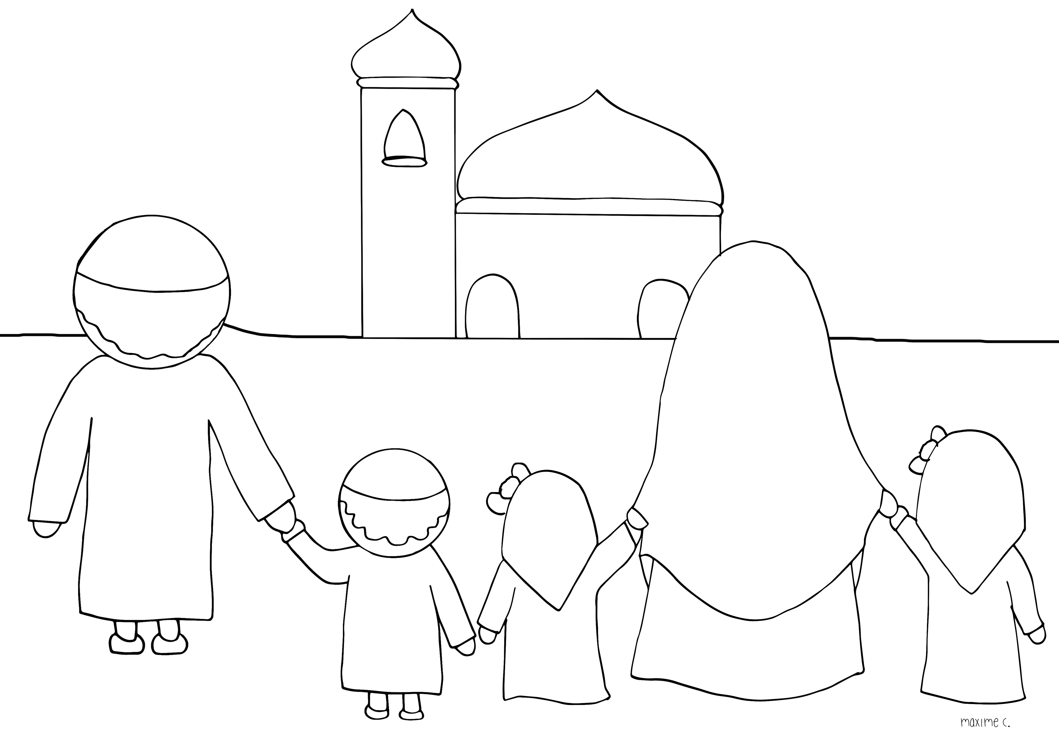 Coloriage d'une mosquée majestueuse avec ses dômes et minarets