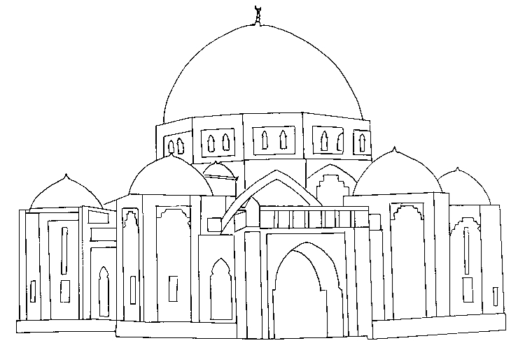 Coloriage d'une mosquée majestueuse avec un ciel étoilé