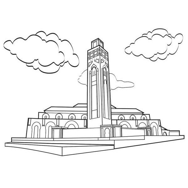 Coloriage d'une mosquée majestueuse avec son environnement