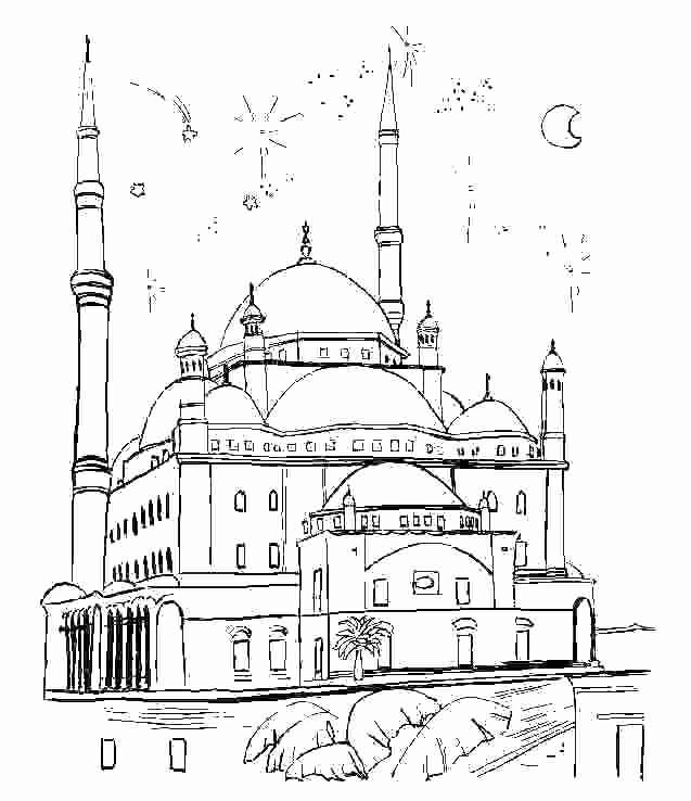 Coloriage d'une mosquée majestueuse entourée de détails architecturaux