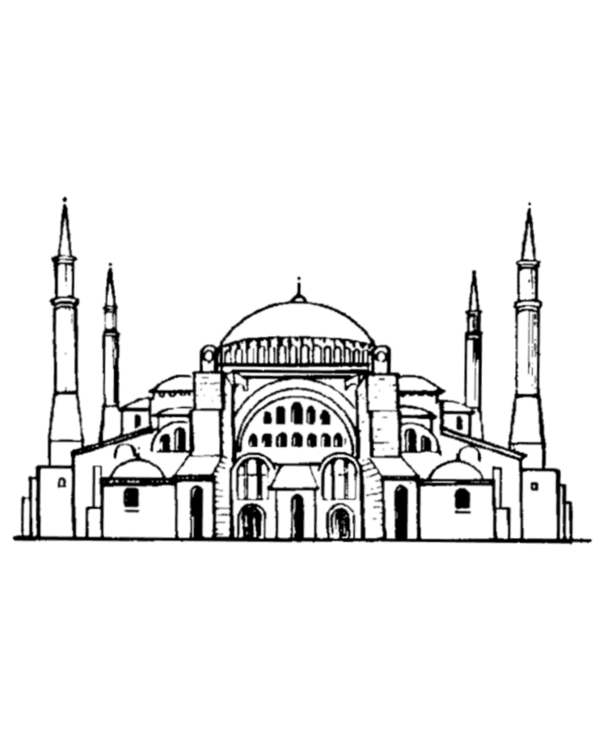 Coloriage d'une mosquée majestueuse sous un ciel étoilé