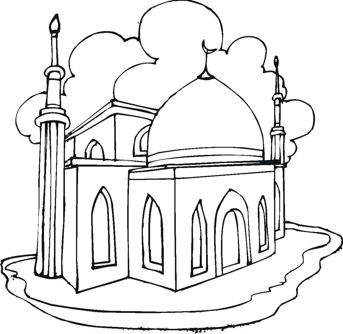 Coloriage d'une mosquée majestueuse avec un minaret élancé