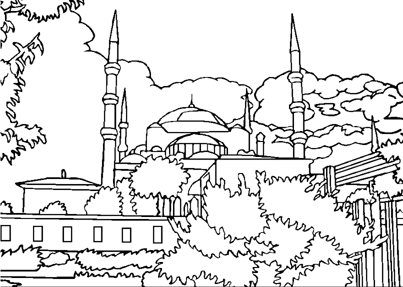 Coloriage d'une mosquée avec minaret et arcades