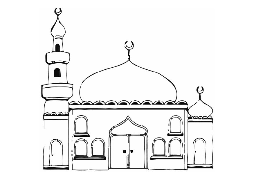 Coloriage d'une mosquée avec un dôme majestueux et des minarets