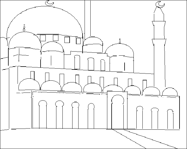 Coloriage d'une mosquée majestueuse avec détails architecturaux