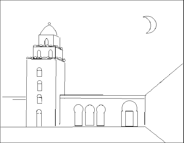 Coloriage d'une mosquée majestueuse sous un ciel étoilé