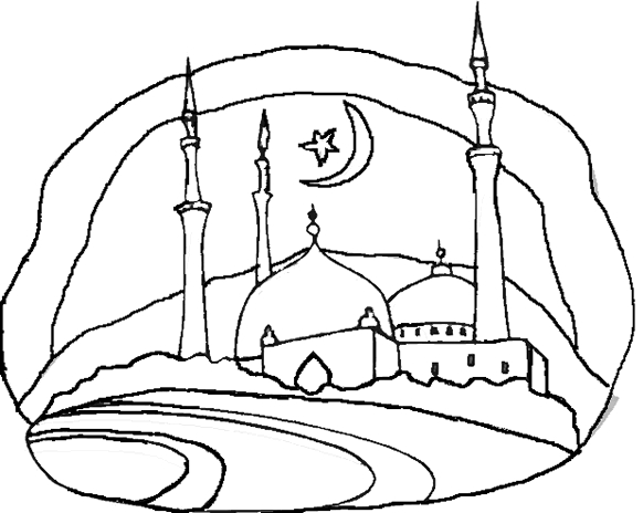 Coloriage d'une mosquée avec un minaret et des arches