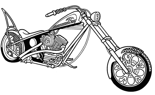 Coloriage d'une moto sur route avec des éléments de paysage
