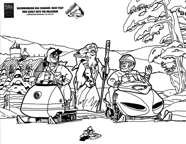 Coloriage d'une motoneige en pleine action sur un terrain enneigé