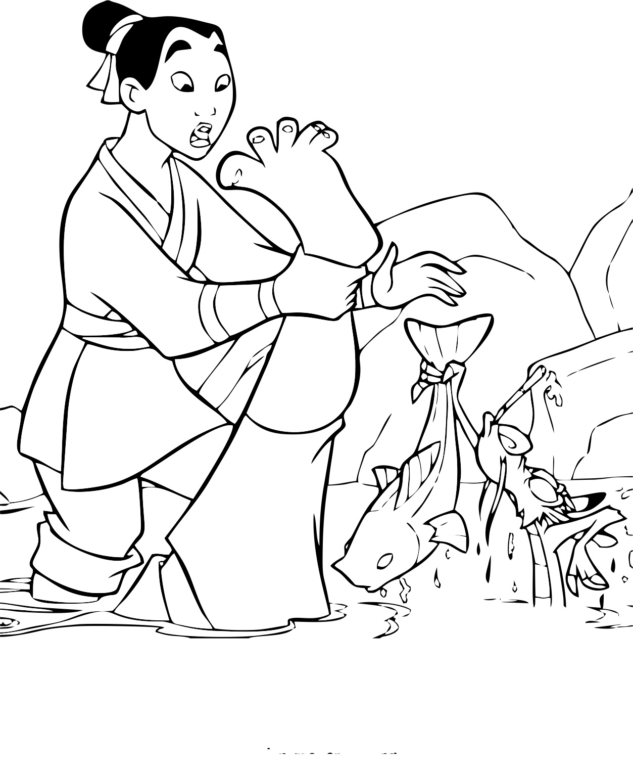 Mulan en armure, prête au combat dans un paysage montagneux