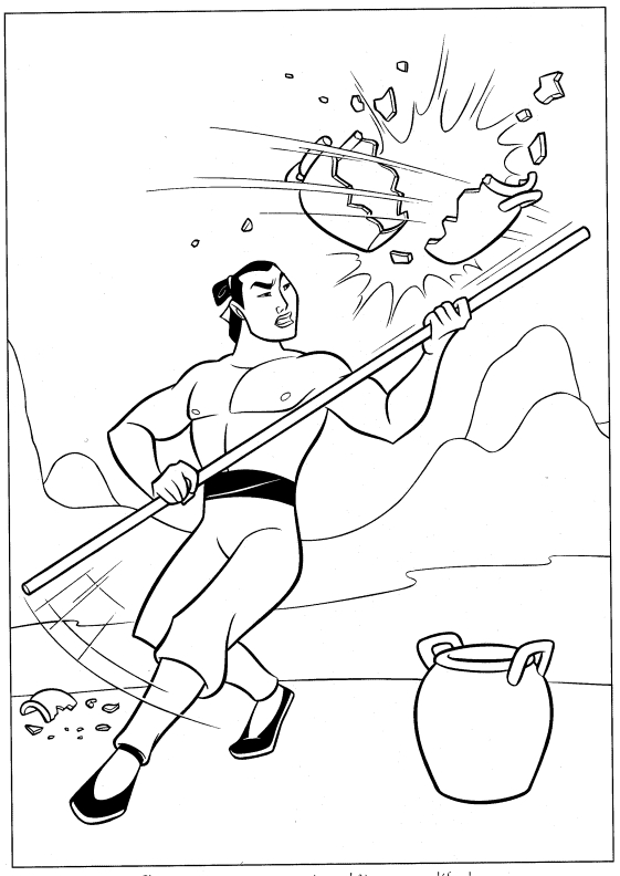 Coloriage de Mulan avec son épée dans un paysage naturel