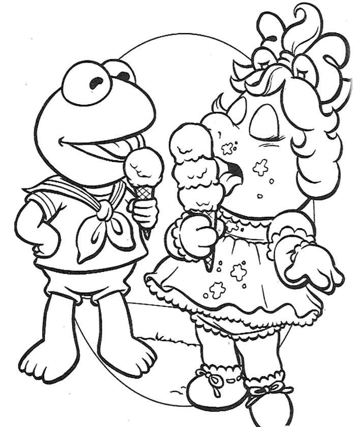 Coloriage des Muppets avec Kermit et Miss Piggy dans un décor festif