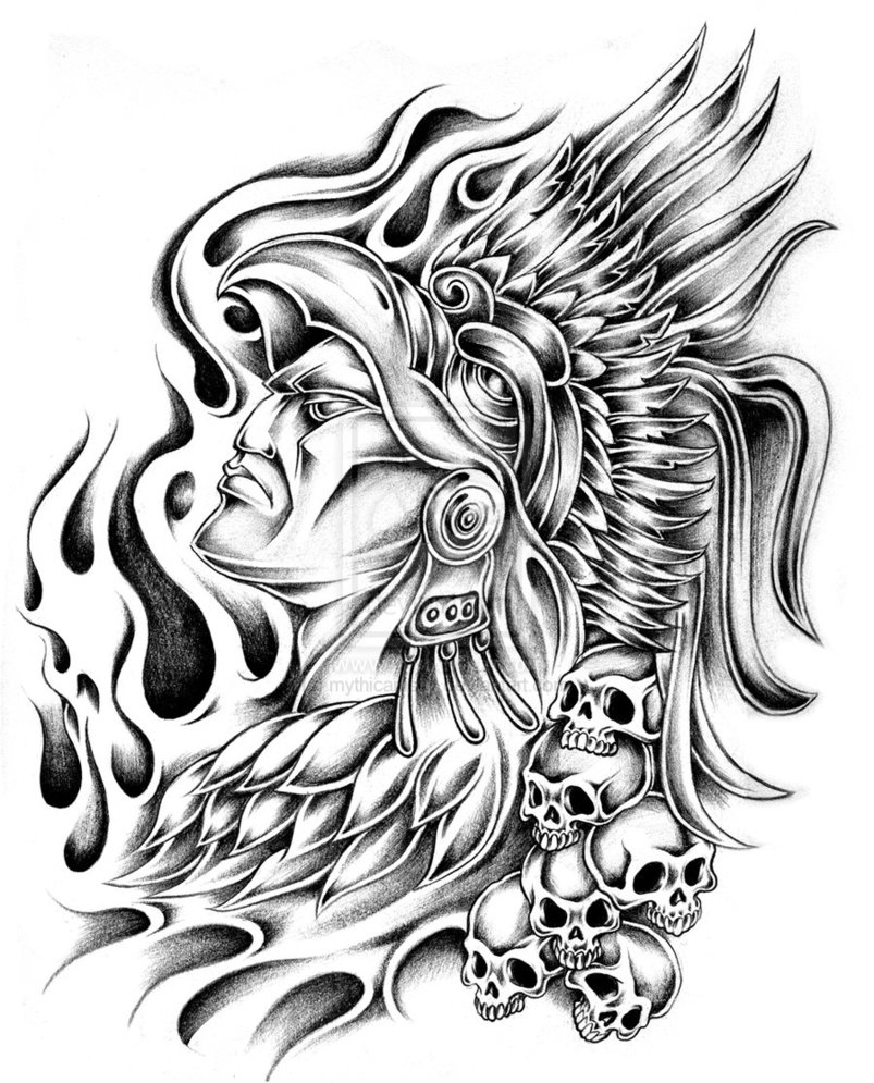Coloriage d'une divinité azteque entourée de symboles mythologiques
