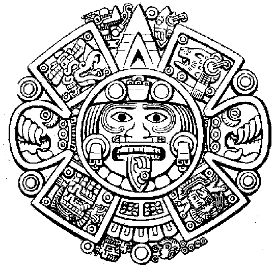 Scène de mythologie aztèque avec un dieu et des motifs symboliques