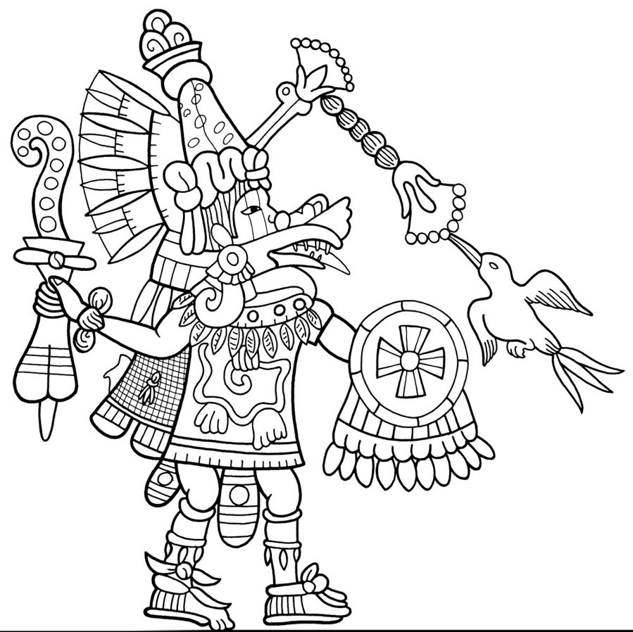 Coloriage représentant un guerrier aztèque en pleine action avec son arme Coloriage représentant un guerrier aztèque en pleine action avec son arme