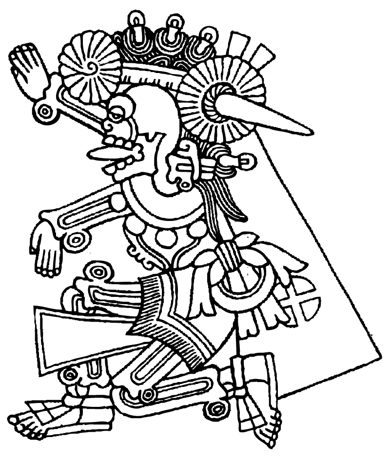Coloriage d'une scène mythologique azteque avec un guerrier et un dieu