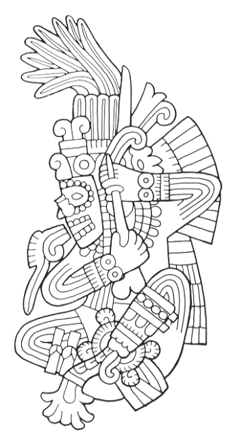 Scène de mythologie aztèque avec une divinité et des motifs symboliques