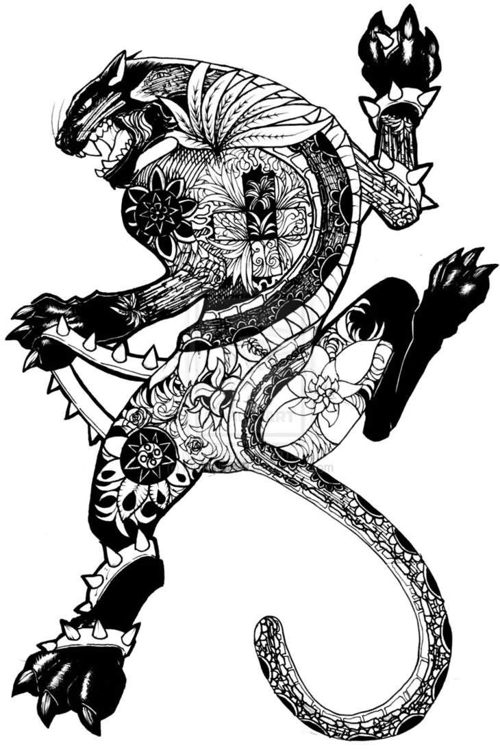 Un coloriage représentant une scène de la mythologie azteque avec un dieu et des motifs symboliques