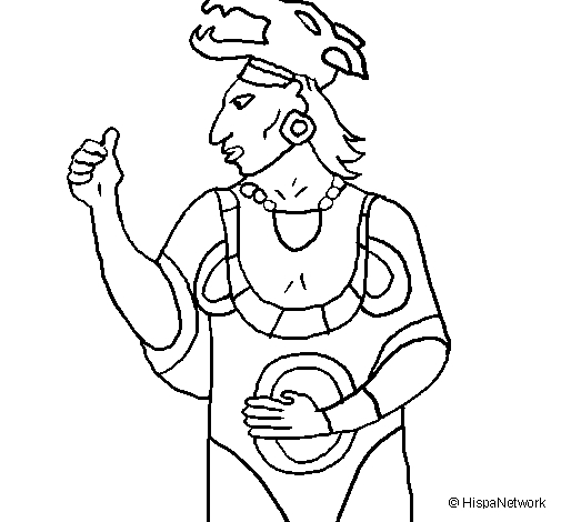 Coloriage d'une scène mythologique aztèque avec un personnage central et des motifs symboliques