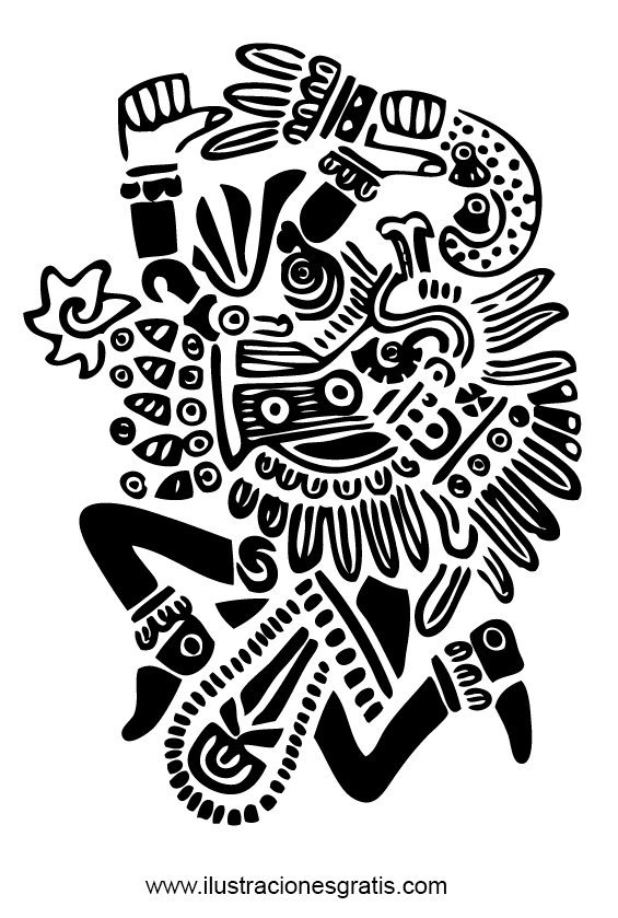 Scène de mythologie aztèque avec un guerrier et des éléments symboliques