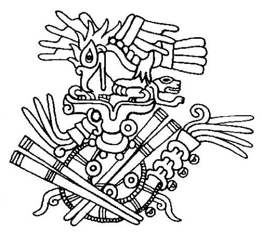 Scène de mythologie aztèque avec un guerrier et des motifs symboliques