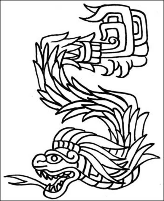 Coloriage d'un guerrier azteque prêt au combat dans un décor mythologique
