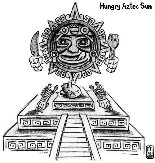 Coloriage d'une scène mythologique azteque avec un dieu et des éléments symboliques