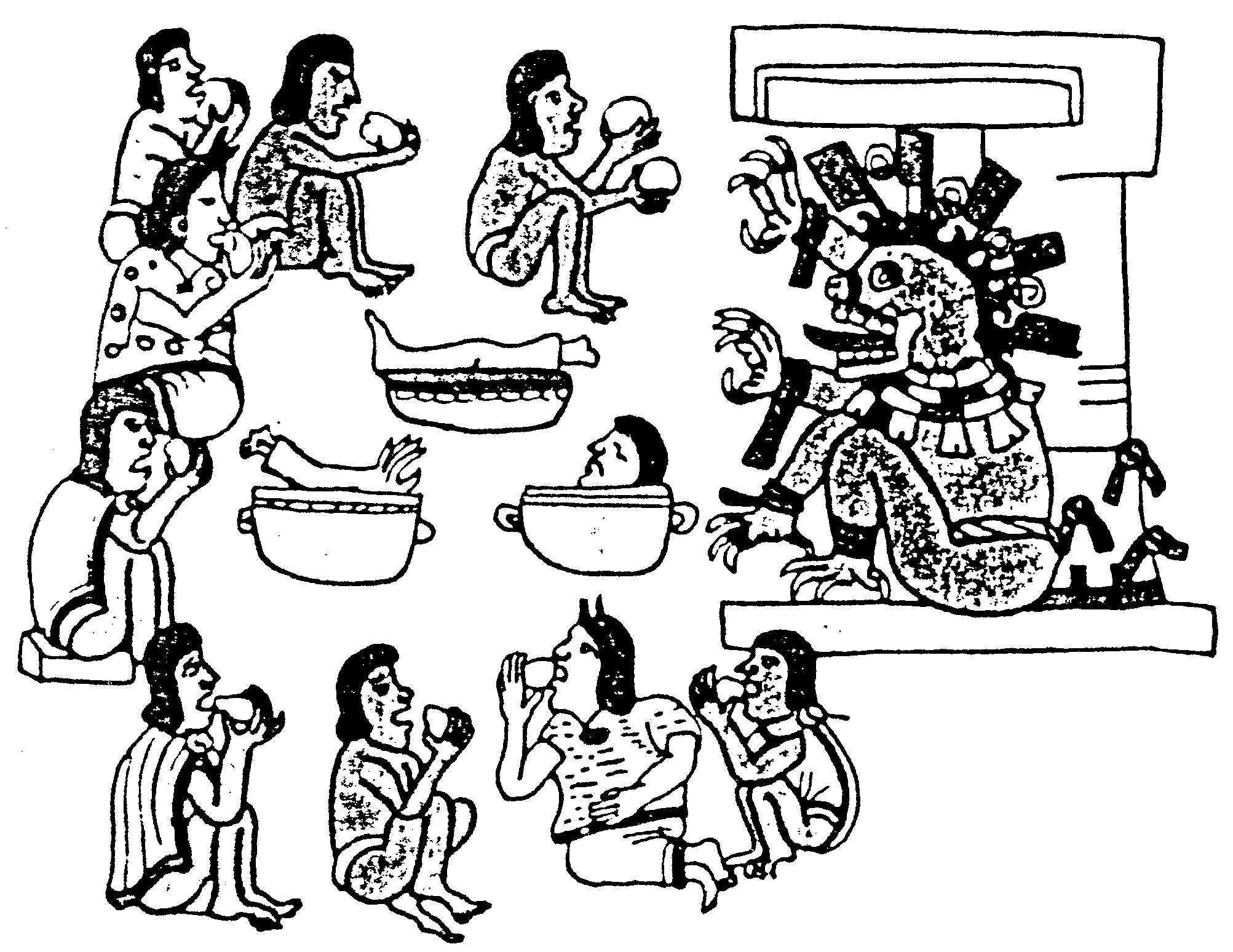 Coloriage d'une scène mythologique aztèque avec un guerrier et des motifs symboliques