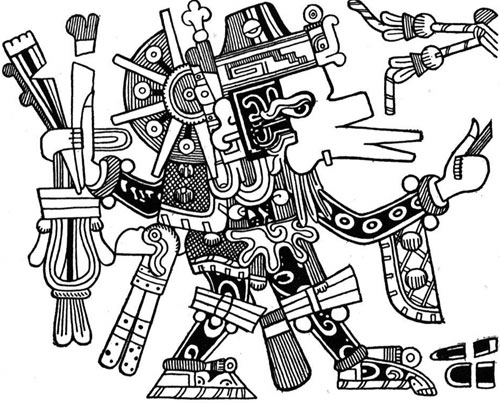 Coloriage de la mythologie aztèque avec un guerrier et des éléments symboliques