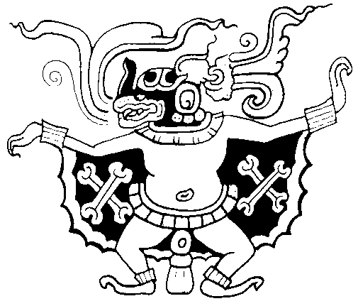 Coloriage d'une scène de mythologie aztèque avec un guerrier et des motifs traditionnels