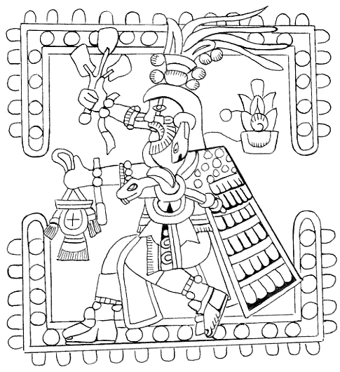 Scène de mythologie aztèque avec un guerrier et des symboles sacrés Scène de mythologie aztèque avec un guerrier et des symboles sacrés