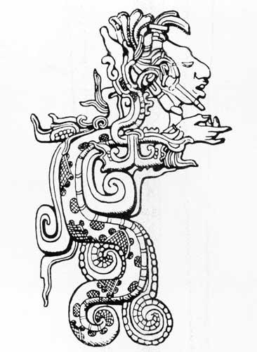 Scène mythologique aztèque avec divinité et éléments symboliques