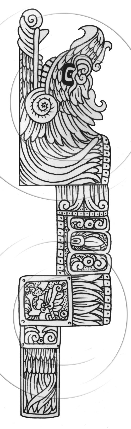 Scène de mythologie aztèque avec un guerrier et des éléments naturels