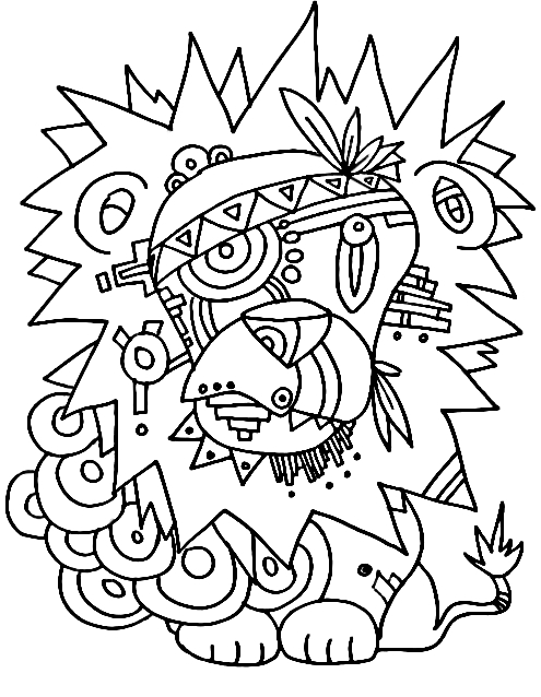 Scène de mythologie aztèque avec un guerrier et des motifs symboliques