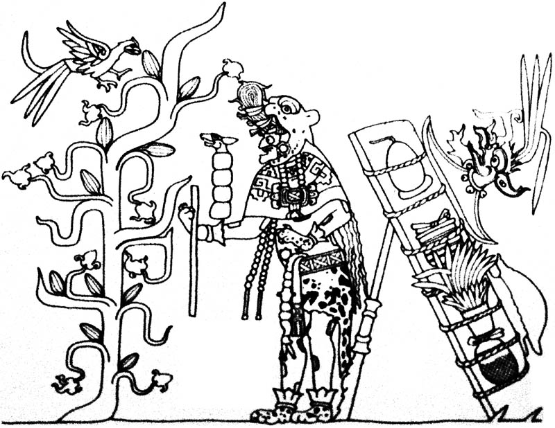 Coloriage d'une scène de mythologie aztèque avec un guerrier et des symboles sacrés