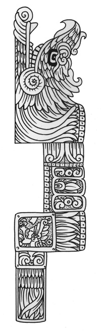 Scène de mythologie aztèque avec un guerrier et un serpent à plumes