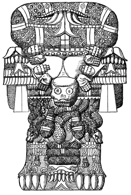 Scène de mythologie aztèque avec un guerrier et des motifs symboliques