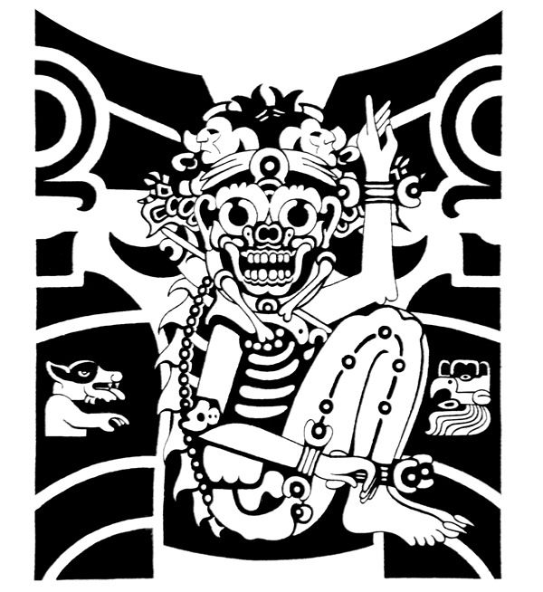 Scène de mythologie aztèque avec un guerrier et des motifs symboliques