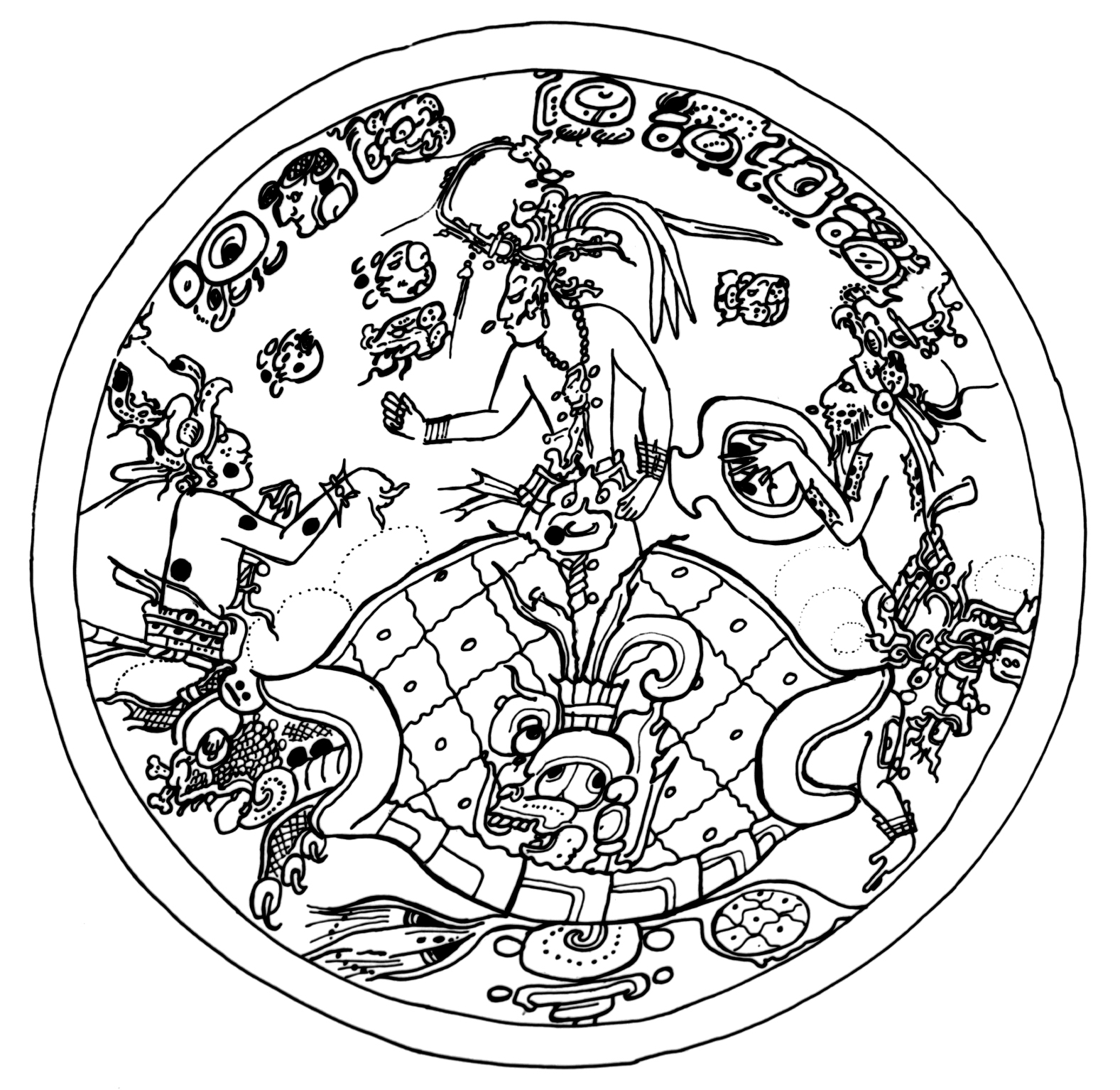 Scène de mythologie aztèque avec un guerrier et des motifs géométriques