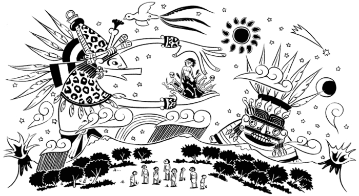 Scène mythologique azteque avec un guerrier et des symboles sacrés