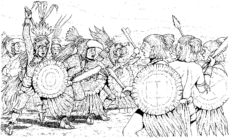 Scène de mythologie aztèque avec un guerrier et un serpent